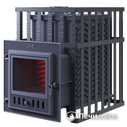 Дровяная банная печь Гефест ЗК в сетке-18 (М) чугунная дверца со стеклом, запатентованная каменка сетка в Анапе
