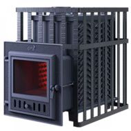 Дровяная банная печь Гефест в сетке-25 (М) чугунная дверца со стеклом сетка-каменка